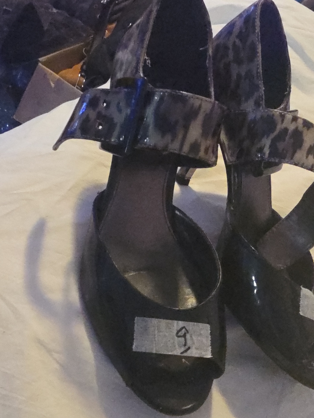 Black Patent Peep-Toe Heels with Animal-Print Ankle Strap